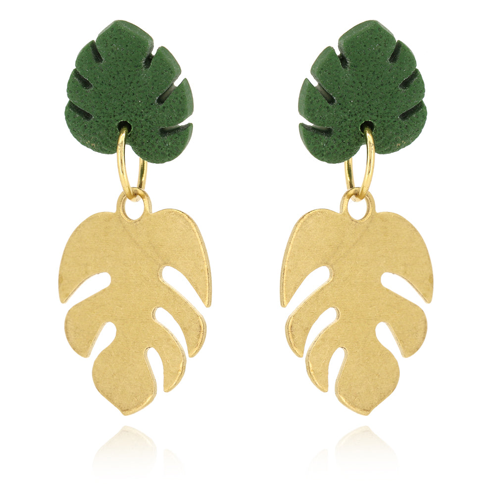 Monstera Charm Polymer Clay Drop Earrings - Surgical Steel Drop Earrings