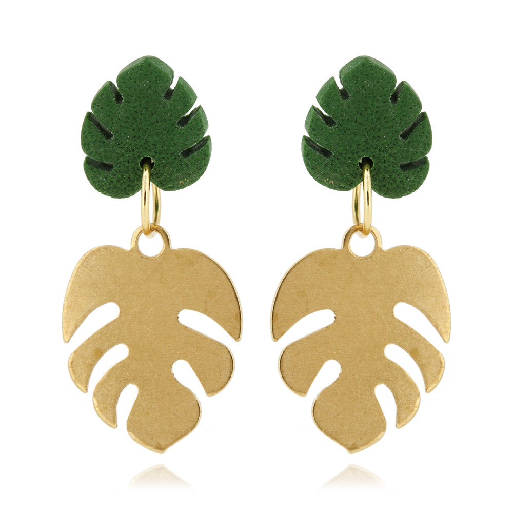 Monstera Charm Polymer Clay Drop Earrings - Surgical Steel Drop Earrings