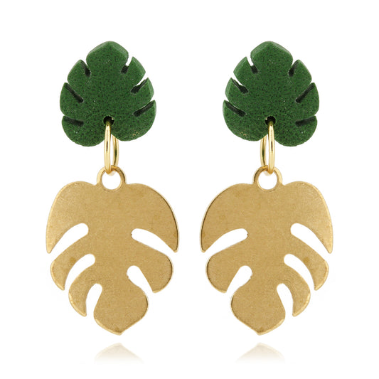 Monstera Charm Polymer Clay Drop Earrings - Surgical Steel Drop Earrings