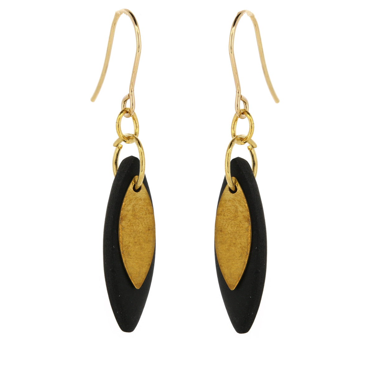 Leaf Shaped Black Polymer Clay Drop Earrings - Brass and Surgical Steel