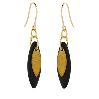 Leaf Shaped Black Polymer Clay Drop Earrings - Brass and Surgical Steel