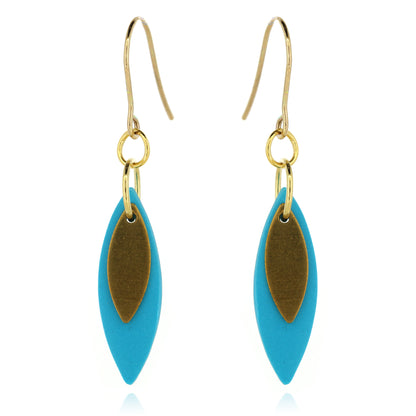 Leaf Shaped Sky Blue Polymer Clay Drop Earrings - Brass and Surgical Steel