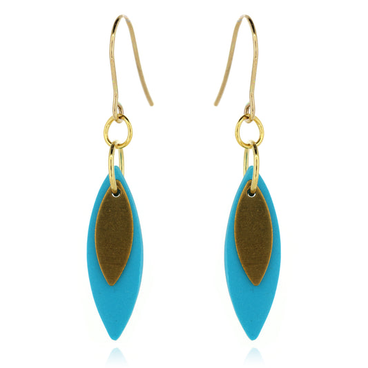 Leaf Shaped Sky Blue Polymer Clay Drop Earrings - Brass and Surgical Steel