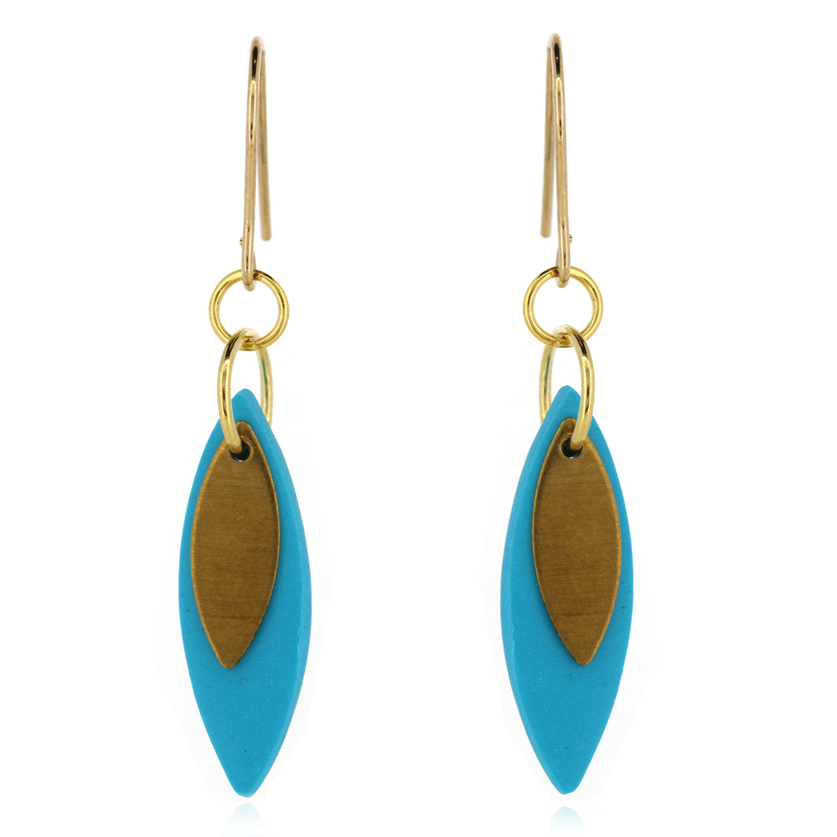 Leaf Shaped Sky Blue Polymer Clay Drop Earrings - Brass and Surgical Steel
