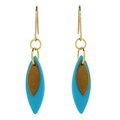 Leaf Shaped Sky Blue Polymer Clay Drop Earrings - Brass and Surgical Steel
