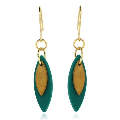 Leaf Shaped Green Polymer Clay Drop Earrings - Brass and Surgical Steel