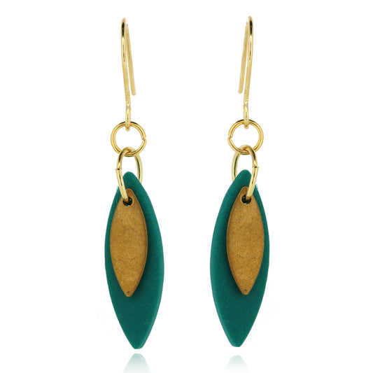 Leaf Shaped Green Polymer Clay Drop Earrings - Brass and Surgical Steel