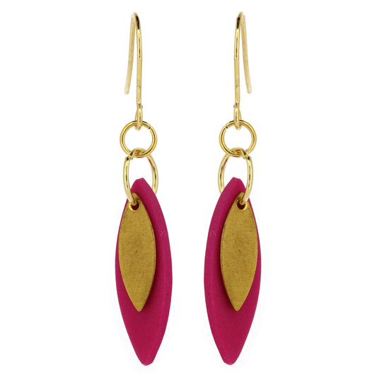 Leaf Shaped Hot Pink Polymer Clay Drop Earrings - Brass and Surgical Steel