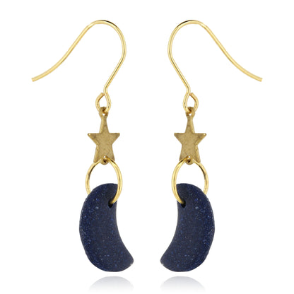 Moon & Star Polymer Clay Drop Stud Earrings - Surgical Steel - Glitter Navy
