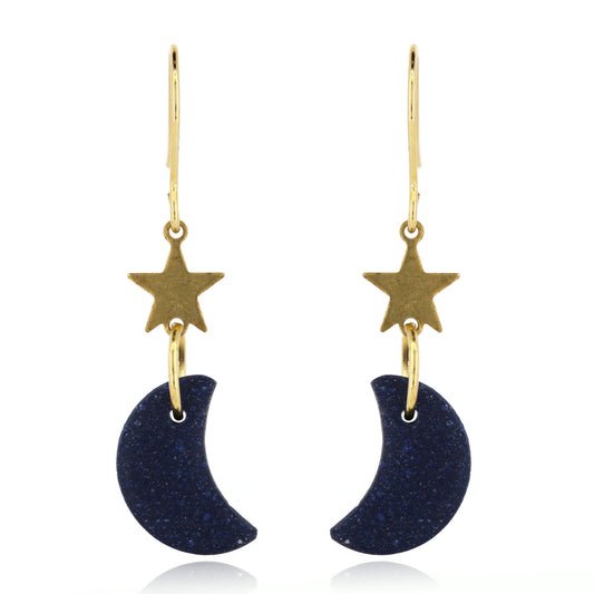 Moon & Star Polymer Clay Drop Stud Earrings - Surgical Steel - Glitter Navy