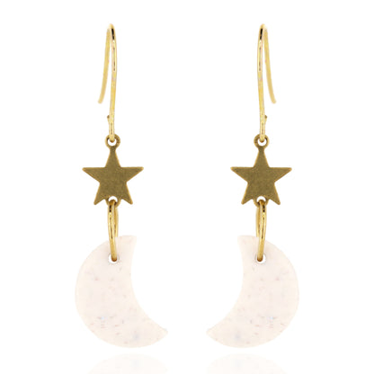 Moon & Star Polymer Clay Drop Stud Earrings - Surgical Steel - Speckled White