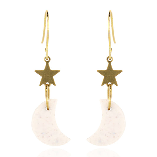Moon & Star Polymer Clay Drop Stud Earrings - Surgical Steel - Speckled White