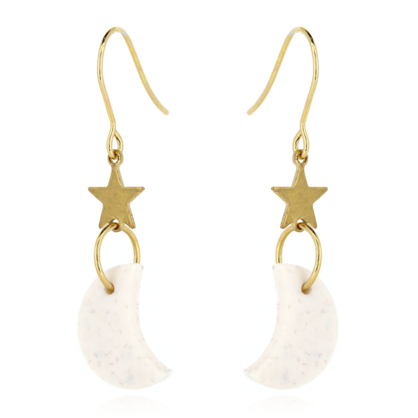 Moon & Star Polymer Clay Drop Stud Earrings - Surgical Steel - Speckled White