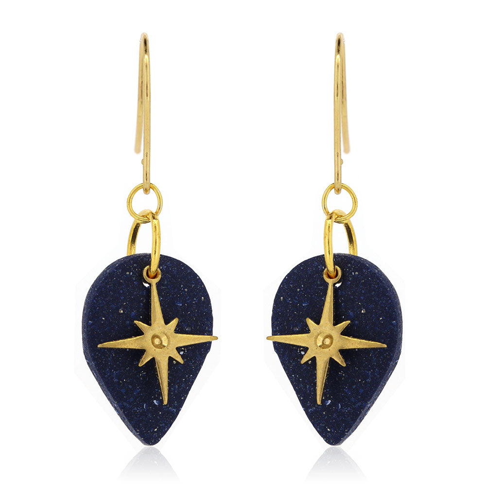 North Star Blue Teardrop Drop Earrings - Brass and Surgical Steel Drop Earrings