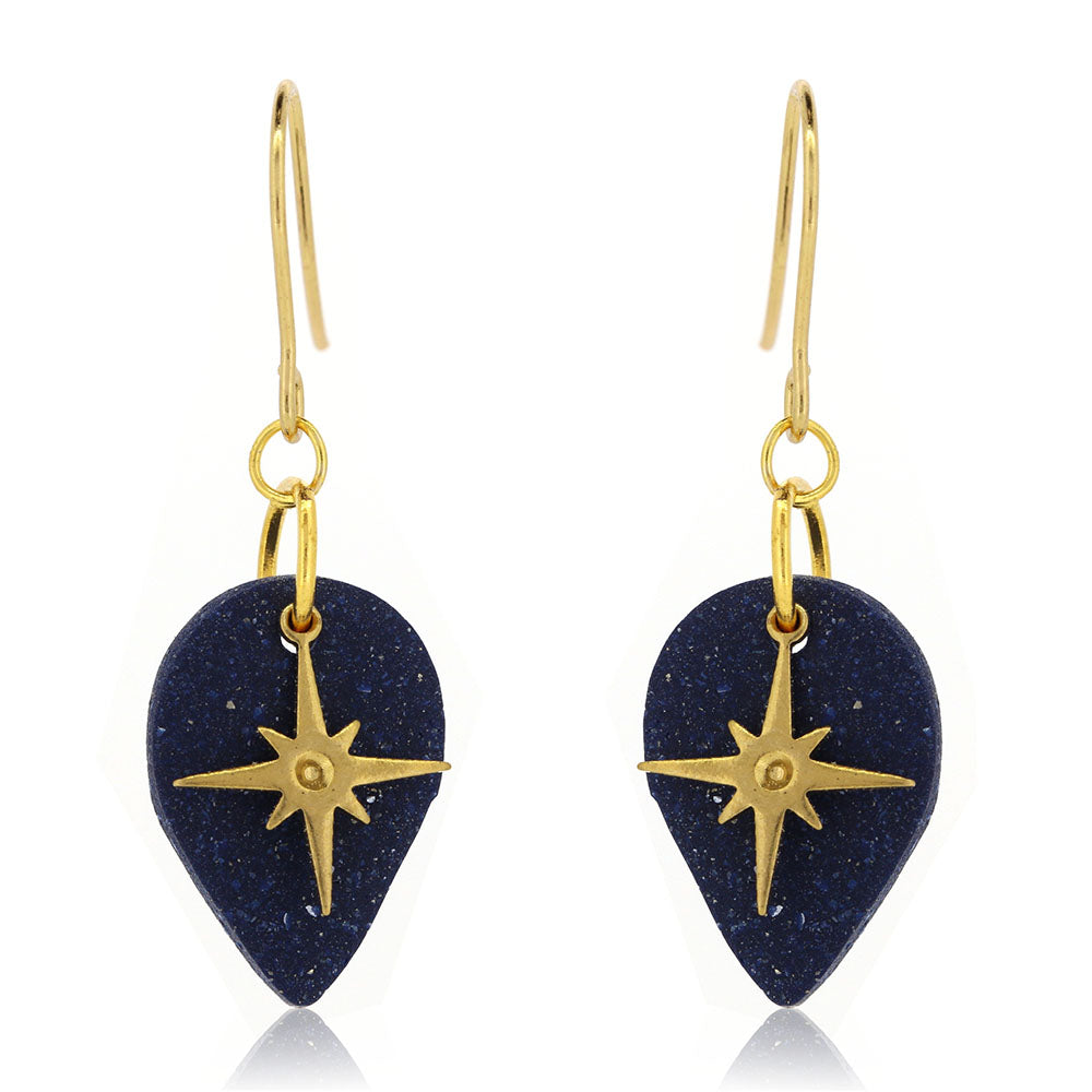 North Star Blue Teardrop Drop Earrings - Brass and Surgical Steel Drop Earrings