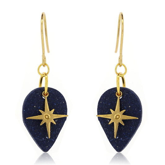 North Star Blue Teardrop Drop Earrings - Brass and Surgical Steel Drop Earrings