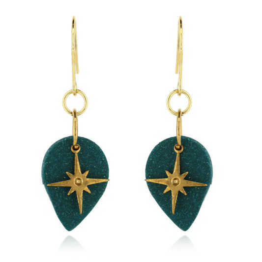 North Star Green Teardrop Drop Earrings - Brass and Surgical Steel
