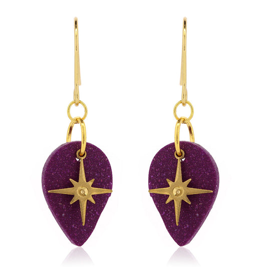 North Star Purple Teardrop Drop Earrings - Brass and Surgical Steel Drop Earrings