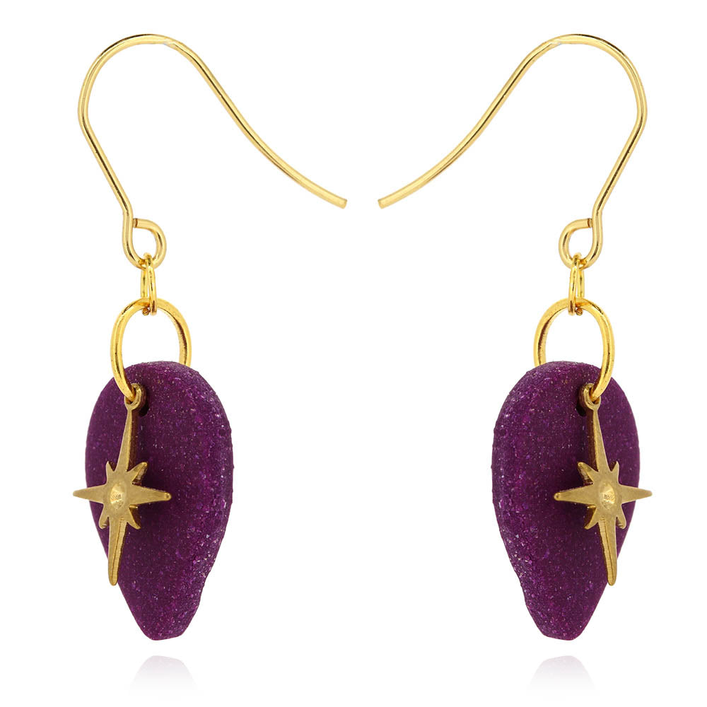 North Star Purple Teardrop Drop Earrings - Brass and Surgical Steel Drop Earrings