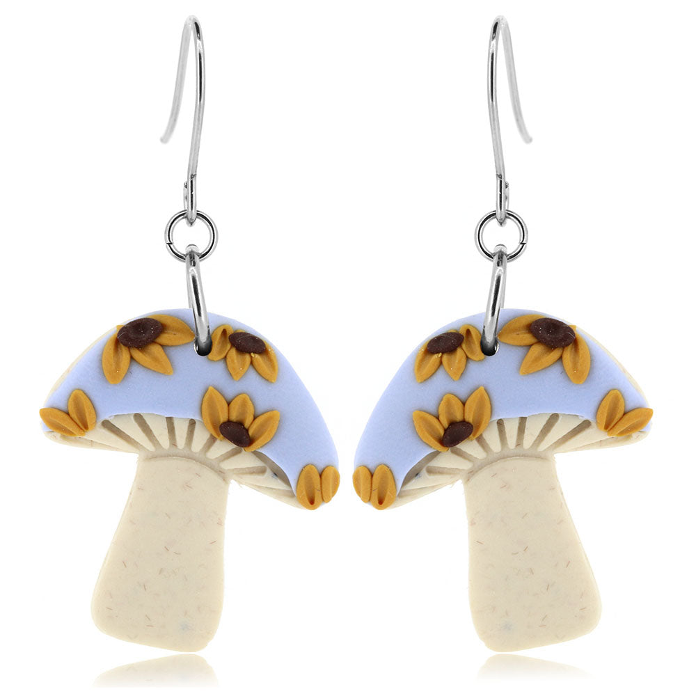 Sunflower Mushroom Polymer Clay Drop Earrings - Surgical Steel Drop Earrings