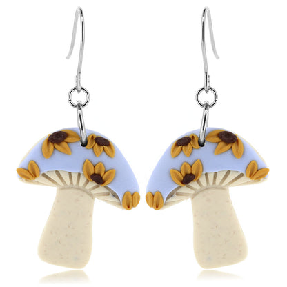 Sunflower Mushroom Polymer Clay Drop Earrings - Surgical Steel Drop Earrings