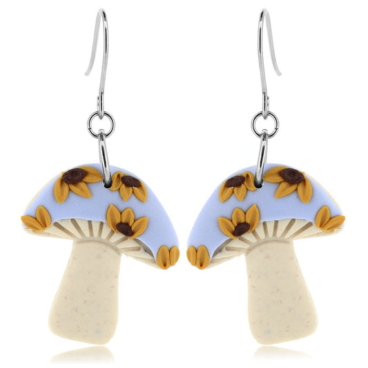 Sunflower Mushroom Polymer Clay Drop Earrings - Surgical Steel Drop Earrings