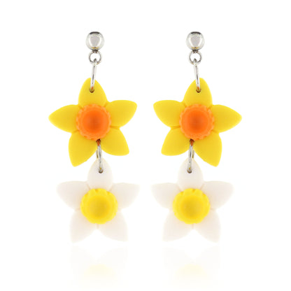 Double Daffodil Polymer Clay Drop Stud Earrings - Surgical Steel