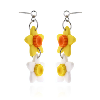 Double Daffodil Polymer Clay Drop Stud Earrings - Surgical Steel