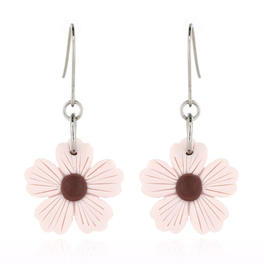 Mauve Flower Polymer Clay Drop Earrings - Surgical Steel