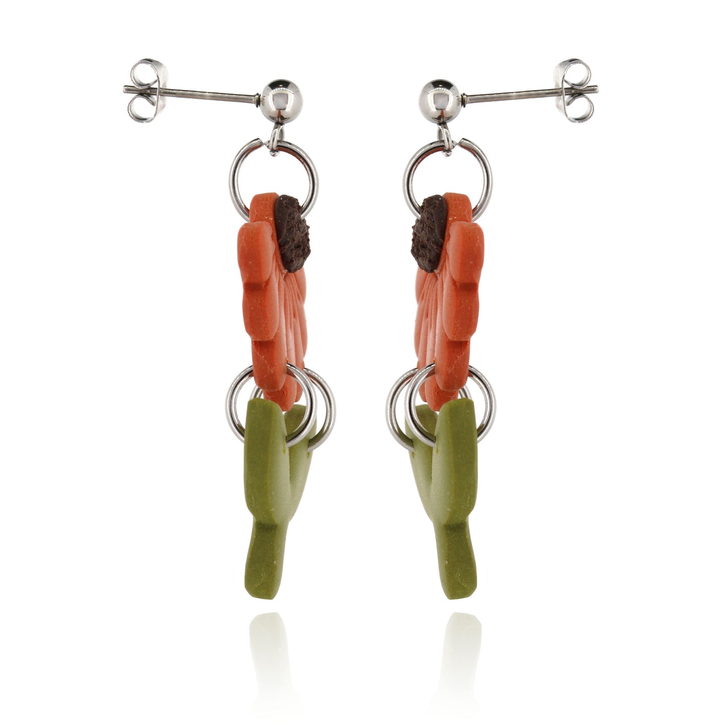 Orange Flower & Stem Polymer Clay Drop Stud Earrings - Surgical Steel