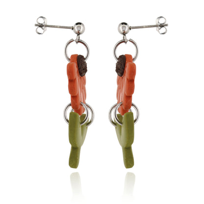 Orange Flower & Stem Polymer Clay Drop Stud Earrings - Surgical Steel