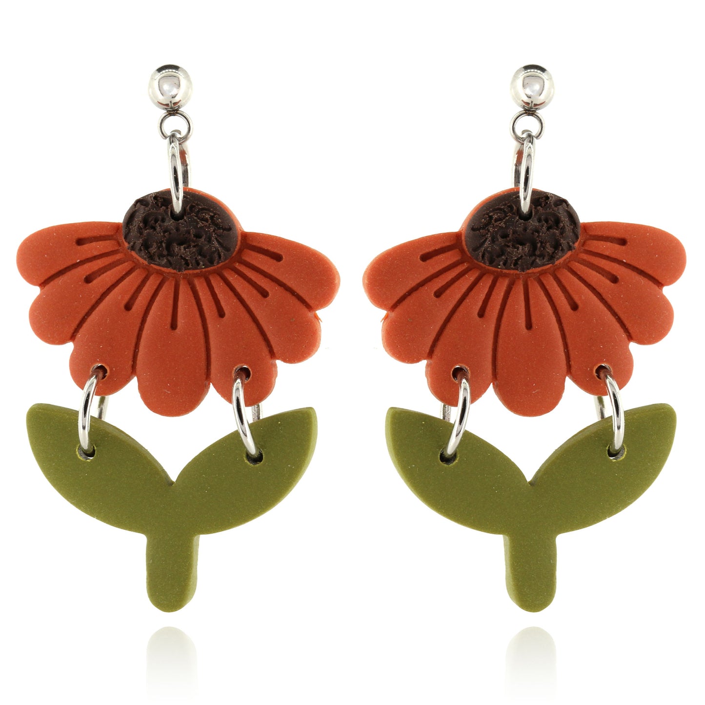 Orange Flower & Stem Polymer Clay Drop Stud Earrings - Surgical Steel