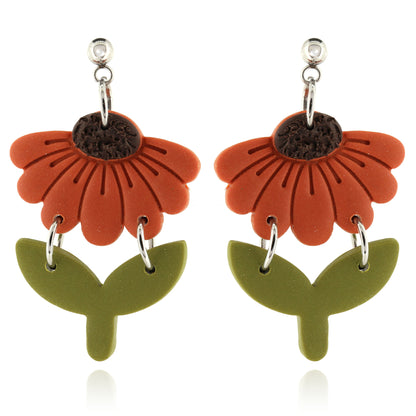 Orange Flower & Stem Polymer Clay Drop Stud Earrings - Surgical Steel