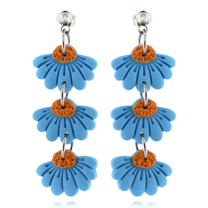 Trio Blue Flower Polymer Clay Drop Stud Earrings - Surgical Steel