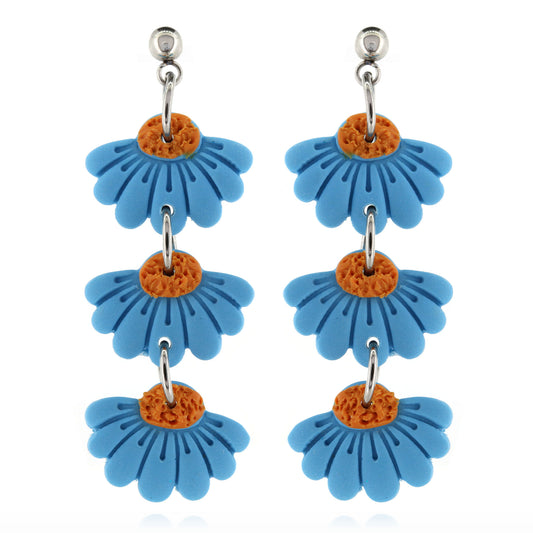 Trio Blue Flower Polymer Clay Drop Stud Earrings - Surgical Steel