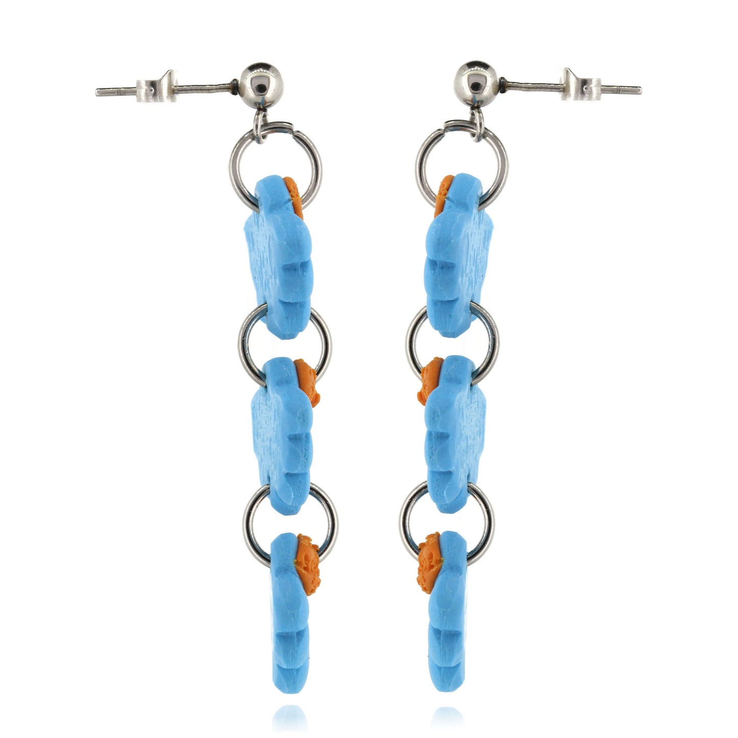 Trio Blue Flower Polymer Clay Drop Stud Earrings - Surgical Steel