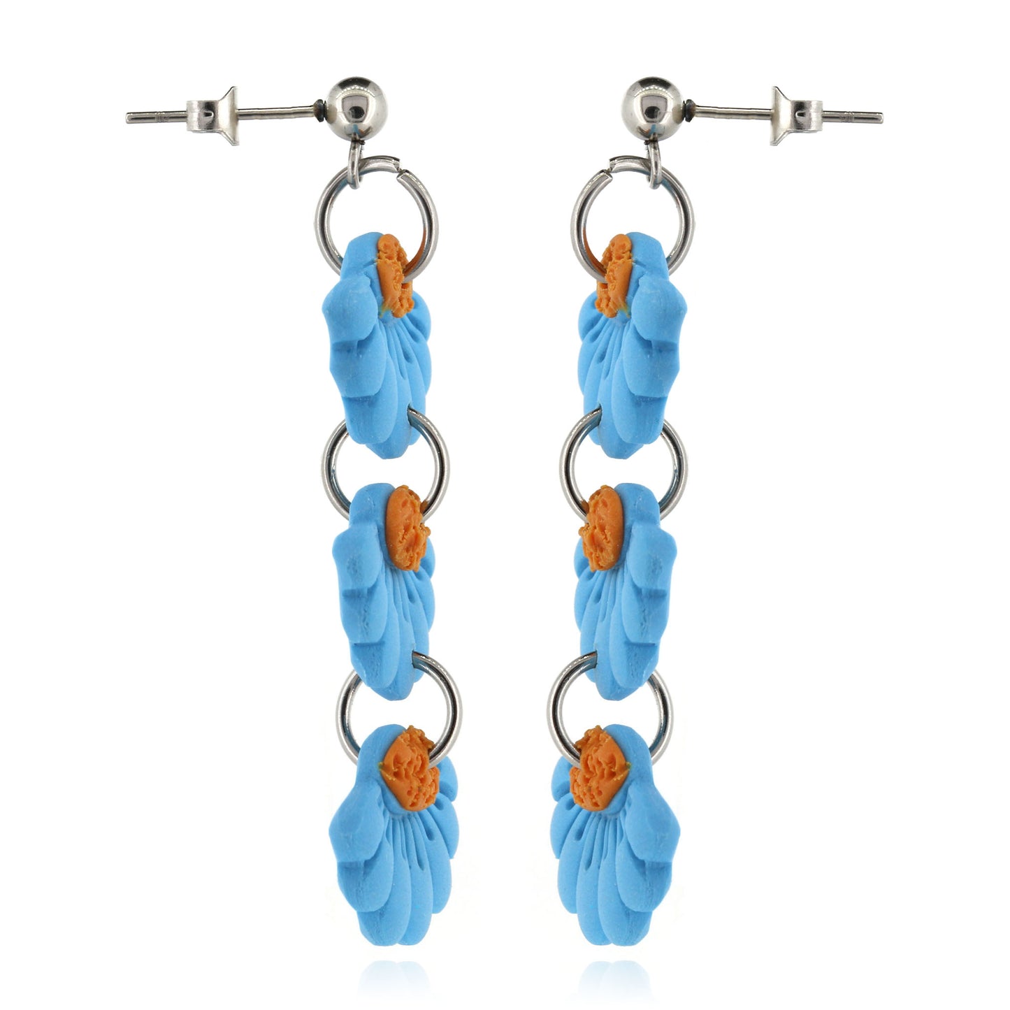 Trio Blue Flower Polymer Clay Drop Stud Earrings - Surgical Steel