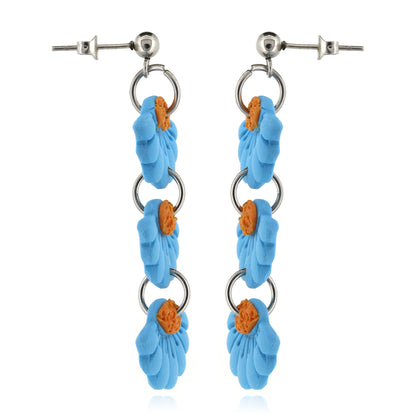 Trio Blue Flower Polymer Clay Drop Stud Earrings - Surgical Steel