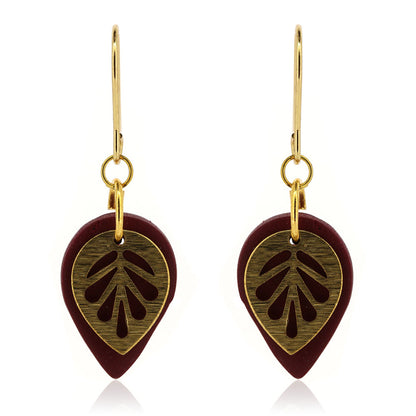 Brass Leaf Black Teardrop Drop Earrings - Brass and Surgical Steel Drop Earrings