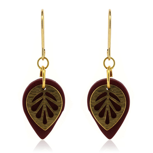 Brass Leaf Black Teardrop Drop Earrings - Brass and Surgical Steel Drop Earrings