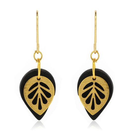 Brass Leaf Black Teardrop Drop Earrings - Brass and Surgical Steel Drop Earrings
