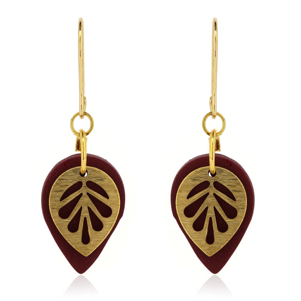 Brass Leaf Maroon Teardrop Drop Earrings - Brass and Surgical Steel Drop Earrings