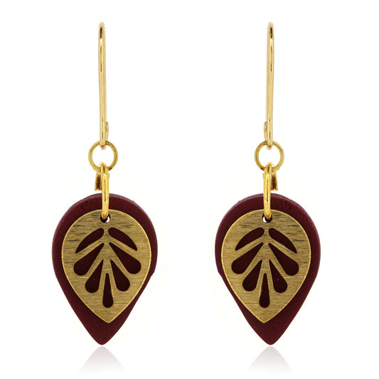 Brass Leaf Maroon Teardrop Drop Earrings - Brass and Surgical Steel Drop Earrings