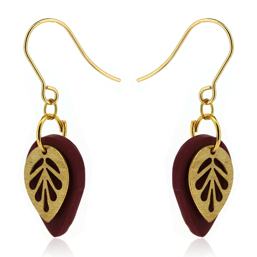Brass Leaf Maroon Teardrop Drop Earrings - Brass and Surgical Steel Drop Earrings
