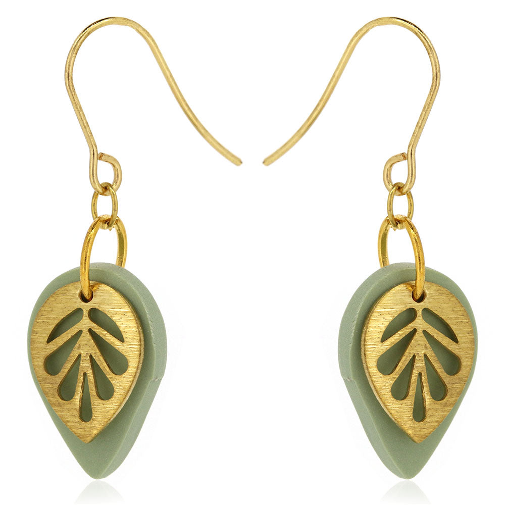 Brass Leaf Sage Teardrop Drop Earrings - Brass and Surgical Steel Drop Earrings