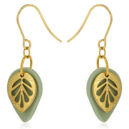 Brass Leaf Sage Teardrop Drop Earrings - Brass and Surgical Steel Drop Earrings