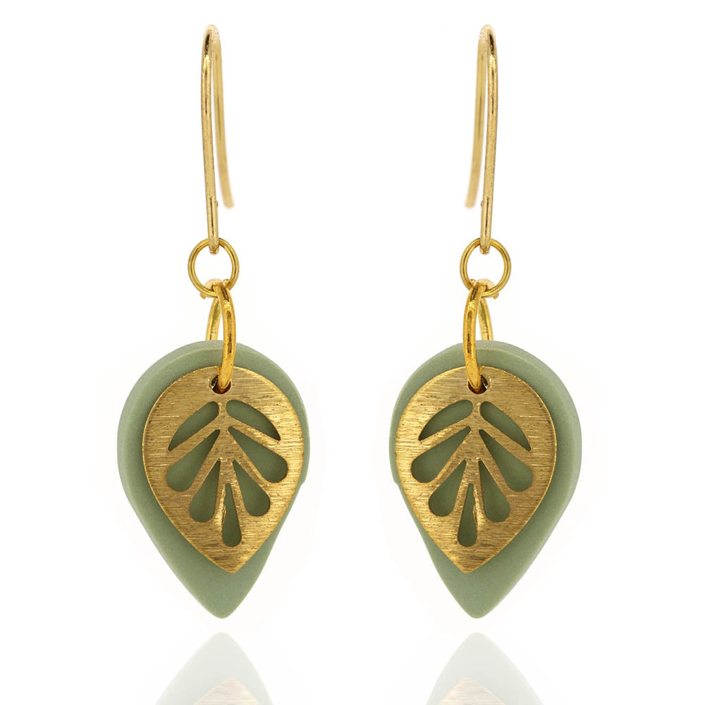 Brass Leaf Sage Teardrop Drop Earrings - Brass and Surgical Steel Drop Earrings