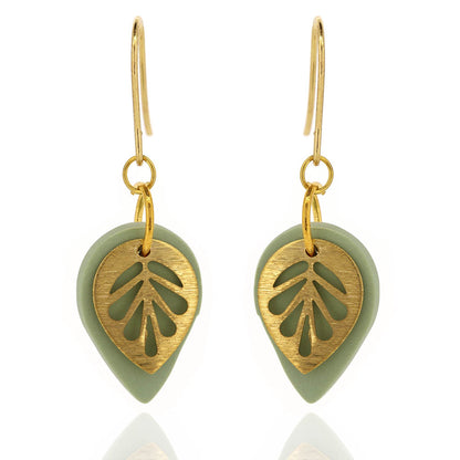 Brass Leaf Sage Teardrop Drop Earrings - Brass and Surgical Steel Drop Earrings