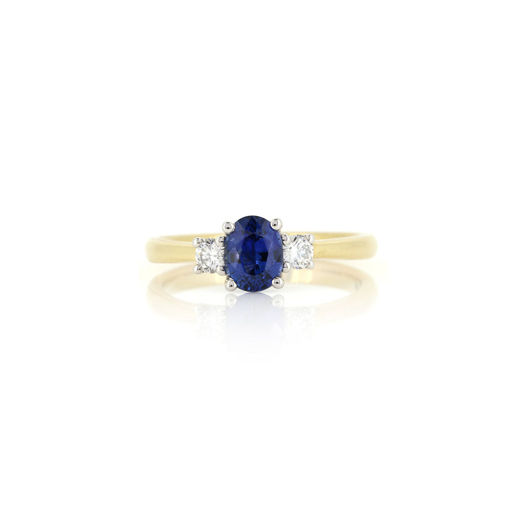 Grace Oval Sapphire and Diamond Trilogy Ring - 18ct Yellow Gold and Platinum Rings
