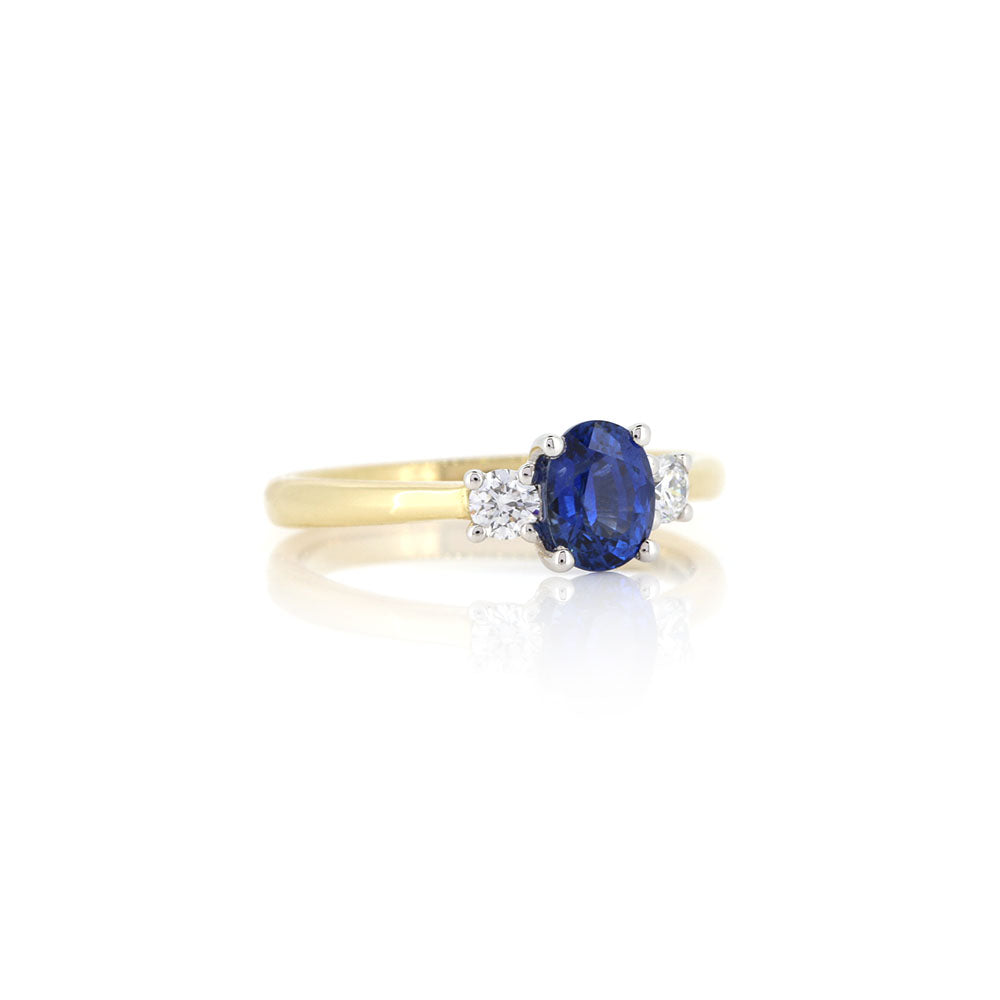 Grace Oval Sapphire and Diamond Trilogy Ring - 18ct Yellow Gold and Platinum Rings